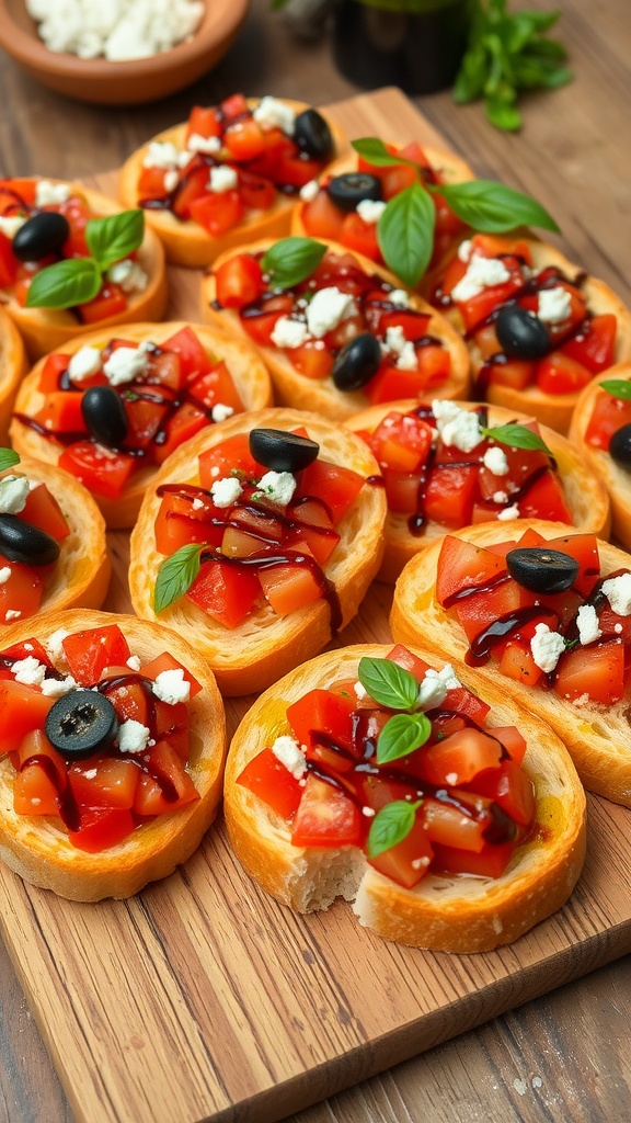 A colorful platter of tomato bruschetta with toppings on toasted baguette slices.